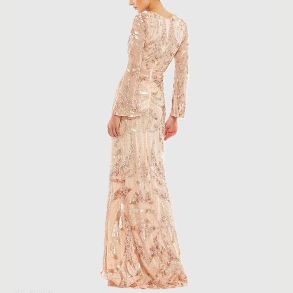 Mac Duggal 5222 Size 14 Rose Gold Pink V-Neck Sequin Beaded Maxi Long Gown Dress - Picture 4 of 4